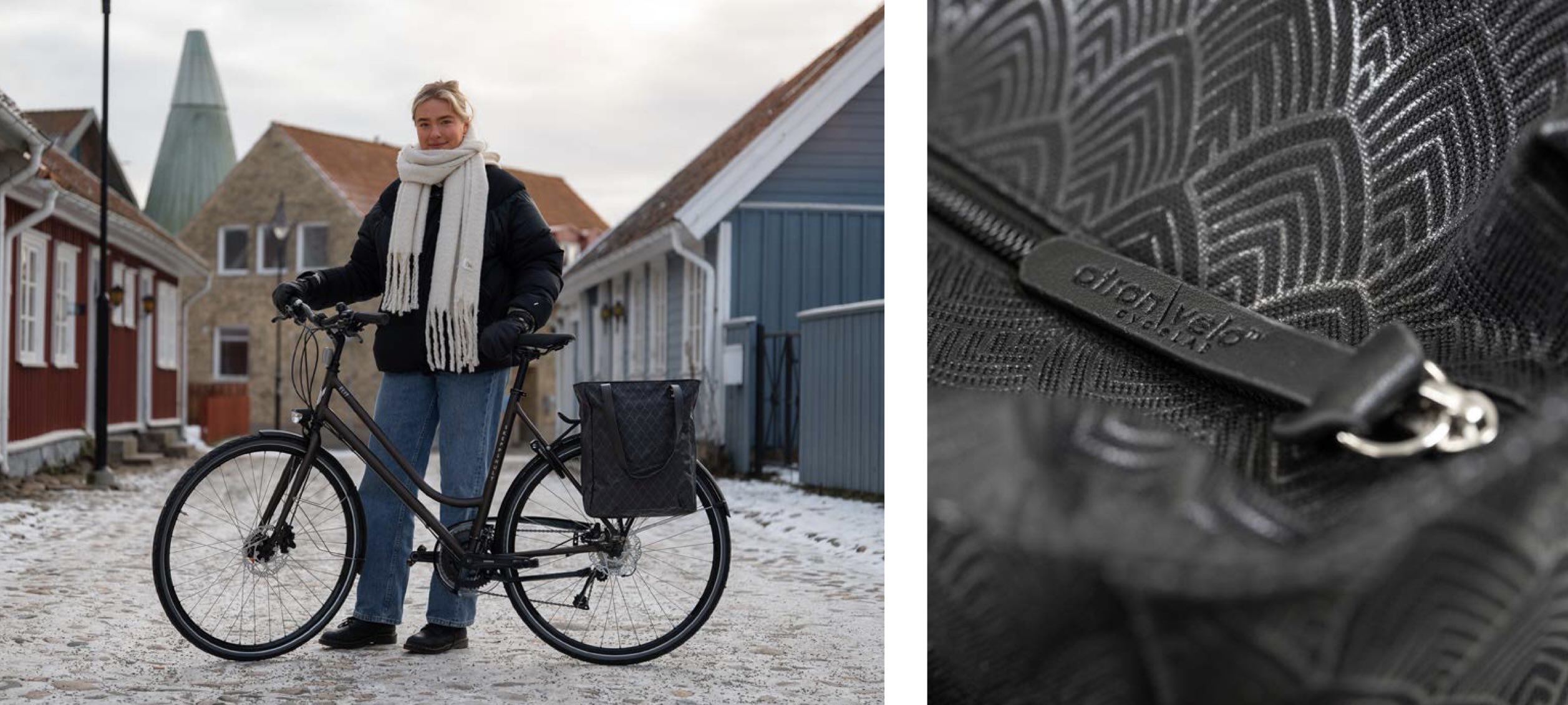 Atran Velo sidetaske monteret på cykel i vinterby-miljø samt close-up af taskens mønster og lynlåsdeltajer